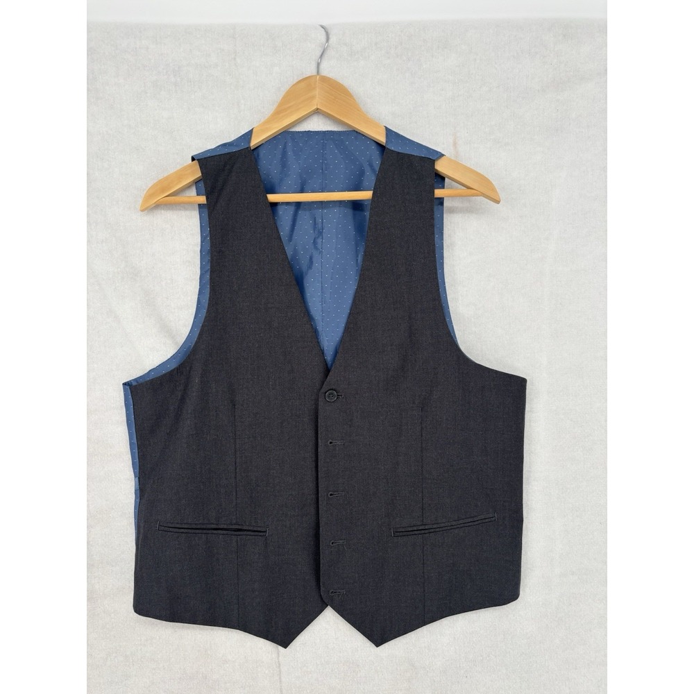 Suit Vest Men's Size 40 Charcoal Button Up Blue Lining Poly Blend Office Career